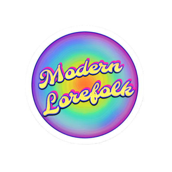 Round badge with 'Modern Lorefolk' text on a rainbow gradient background