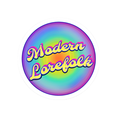 Round badge with 'Modern Lorefolk' text on a rainbow gradient background