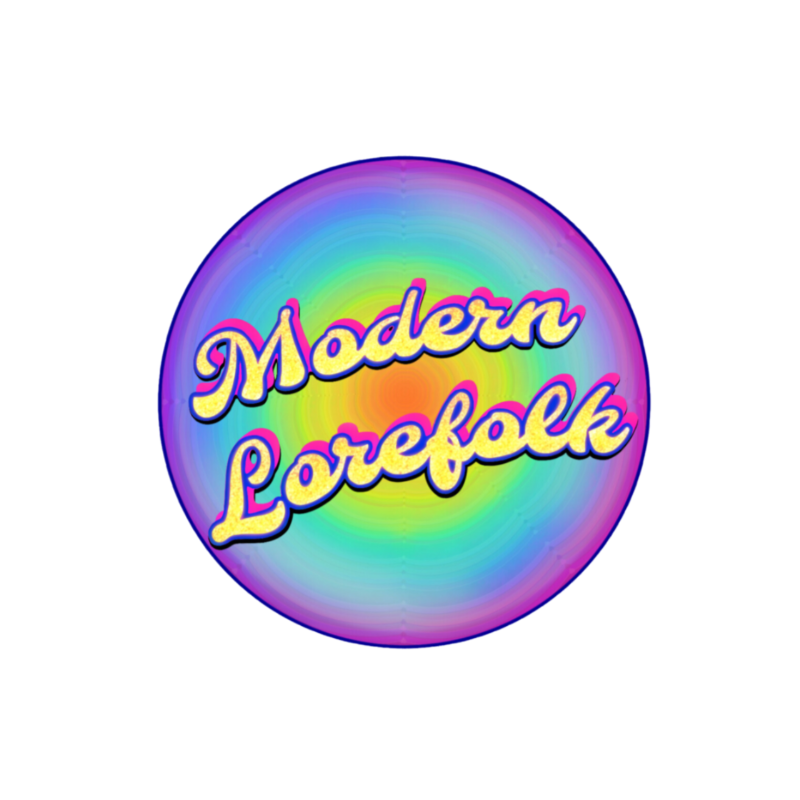 Round badge with 'Modern Lorefolk' text on a rainbow gradient background