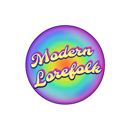 Round badge with 'Modern Lorefolk' text on a rainbow gradient background