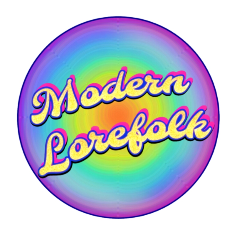 Round badge with 'Modern Lorefolk' text on a rainbow gradient background